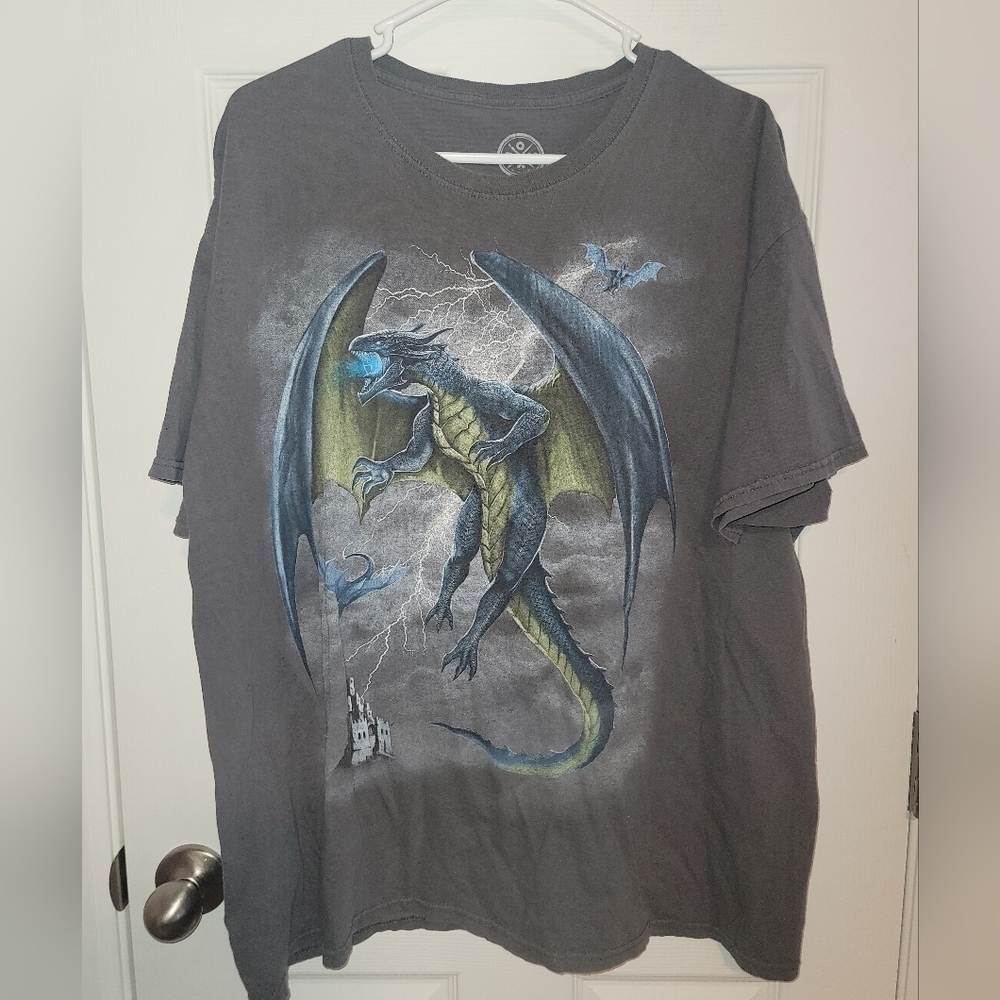 Mens Dragon Blue Lightning Thunder Streetwear Short Sleeve Crew Neck SZ XL